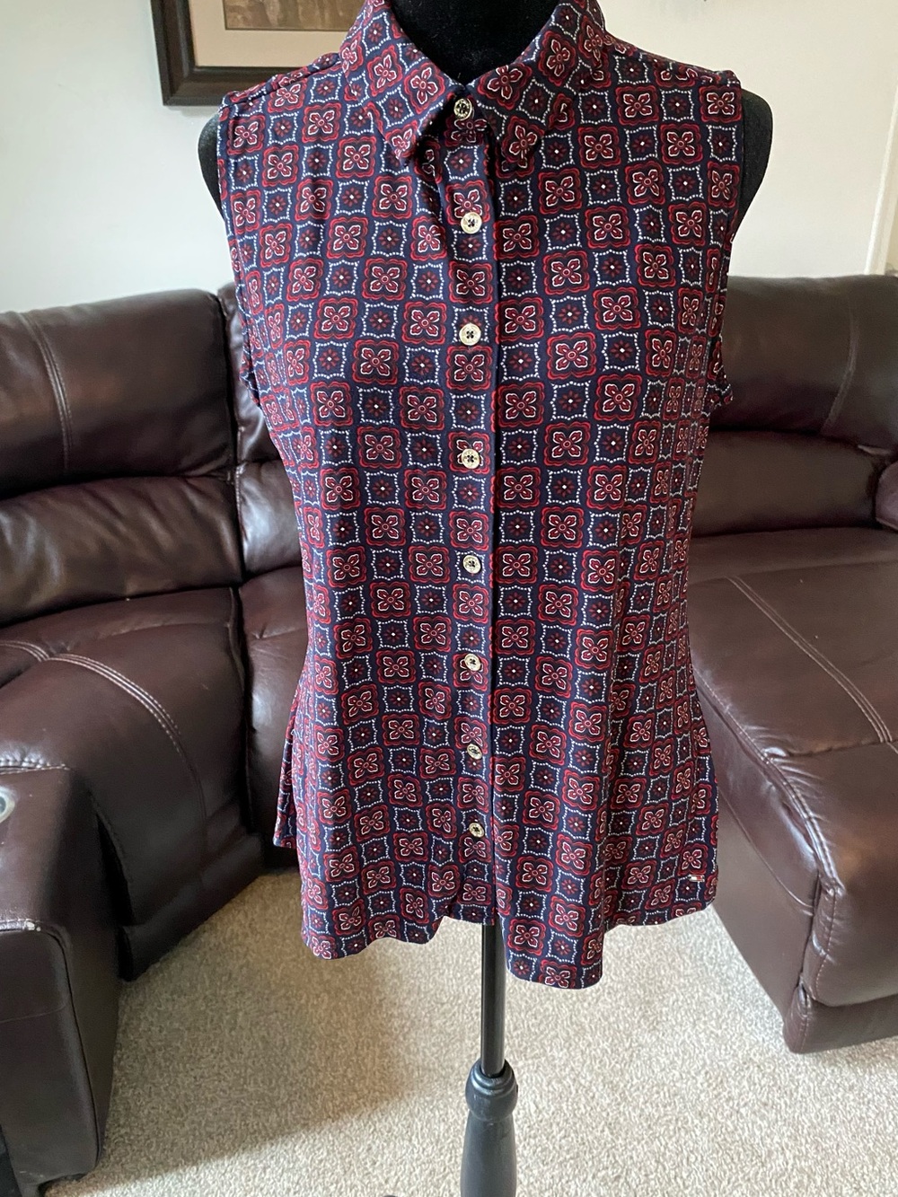 Tommy Hilfiger Geometric Button Down Collared Blouse Women’s Medium Formal